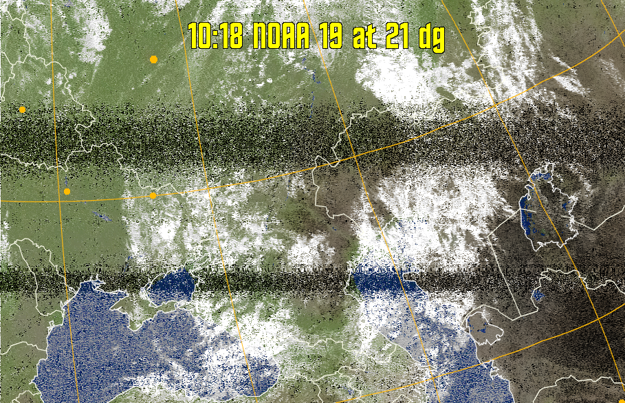 MCIR-precip: 
Colours the NOAA sensor 4 IR image using a map to colour the sea blue and land
green. High clouds appear white, lower clouds gray or land/sea coloured, clouds
generally appear lighter, but distinguishing between land/sea and low cloud may
be difficult. Darker colours indicate warmer regions.
