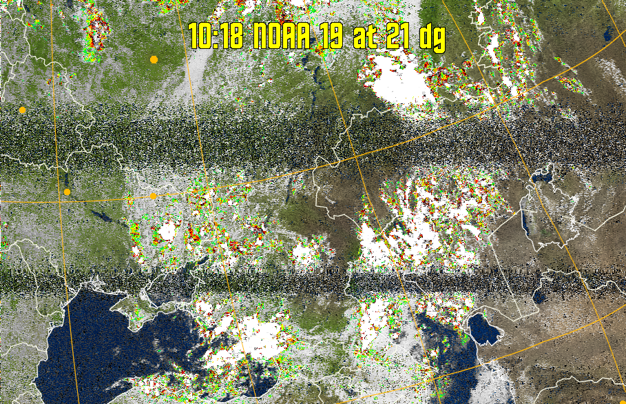 MSA-precip:
Same as MSA multispectral analysis, but high cold cloud tops are coloured the
same as the NO enhancement to give an approximate indication of the probability
and intensity of precipitation.