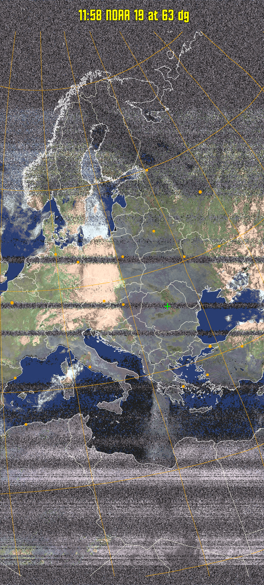 HVCT:
Similar to HVC, but with blue water and with colours more indicative of
land temperatures.
HVC:
Creates a false colour image from NOAA APT images based on temperature using
the HVC colour model. Uses the temperature derived from the sensor 4 image to
select the hue and the brightness from the histogram equalised other image to
select the value and chroma. The HVC colour model attempts to ensure that different colours at the same value will appear to the eye to be the same brightness
and the spacing between colours representing each degree will appear to the eye to
be similar. Bright areas are completely unsaturated in this model.