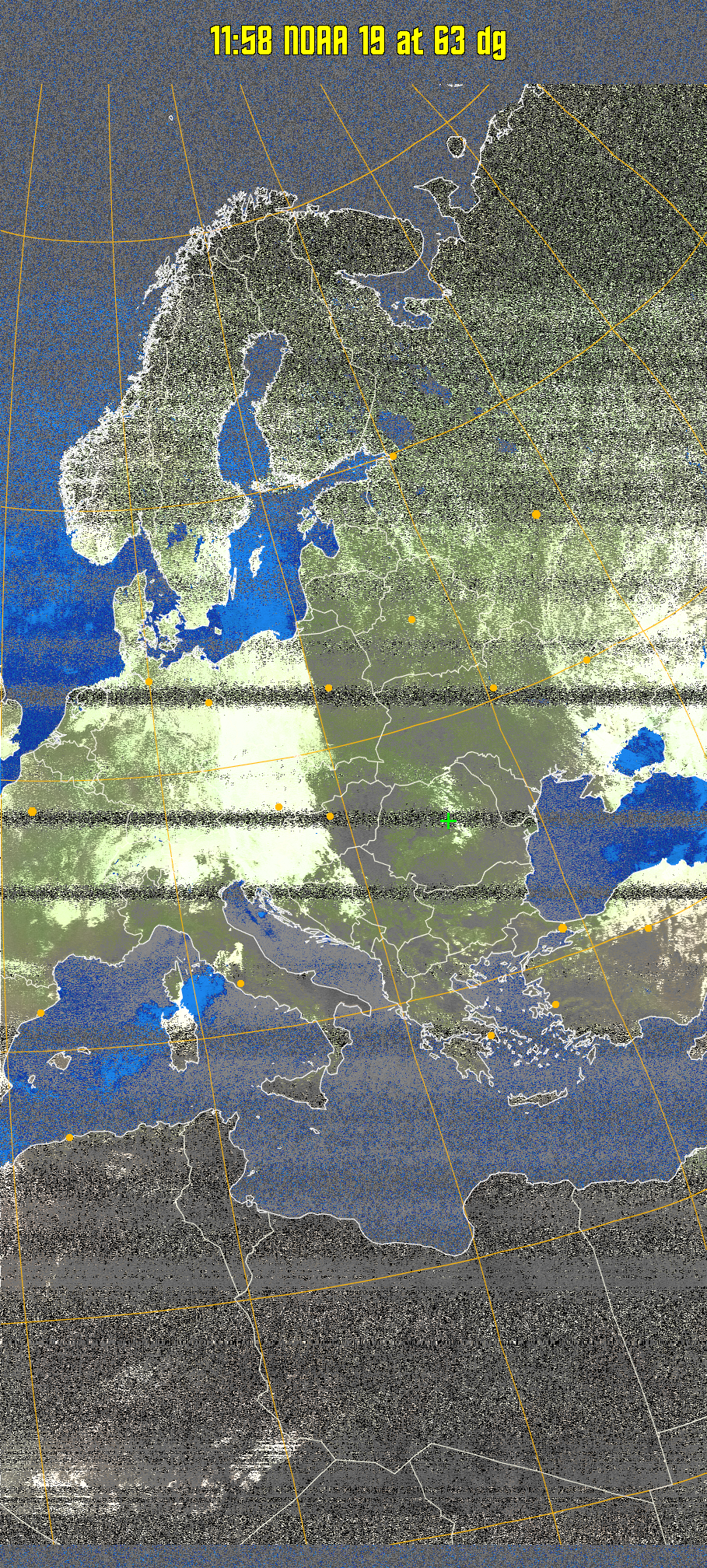 MCIR-precip: 
Colours the NOAA sensor 4 IR image using a map to colour the sea blue and land
green. High clouds appear white, lower clouds gray or land/sea coloured, clouds
generally appear lighter, but distinguishing between land/sea and low cloud may
be difficult. Darker colours indicate warmer regions.