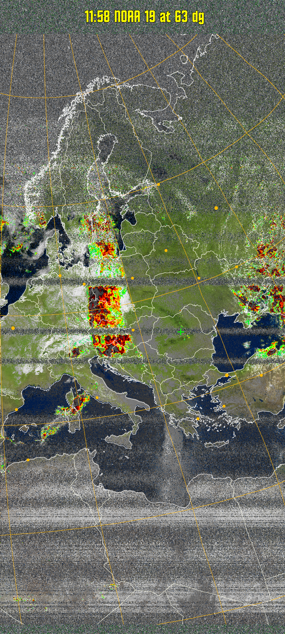 MSA-precip:
Same as MSA multispectral analysis, but high cold cloud tops are coloured the
same as the NO enhancement to give an approximate indication of the probability
and intensity of precipitation.