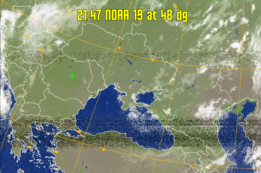 MCIR-precip: 
Colours the NOAA sensor 4 IR image using a map to colour the sea blue and land
green. High clouds appear white, lower clouds gray or land/sea coloured, clouds
generally appear lighter, but distinguishing between land/sea and low cloud may
be difficult. Darker colours indicate warmer regions.