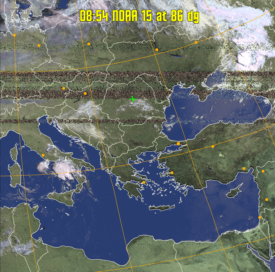 HVCT:
Similar to HVC, but with blue water and with colours more indicative of
land temperatures.
HVC:
Creates a false colour image from NOAA APT images based on temperature using
the HVC colour model. Uses the temperature derived from the sensor 4 image to
select the hue and the brightness from the histogram equalised other image to
select the value and chroma. The HVC colour model attempts to ensure that different colours at the same value will appear to the eye to be the same brightness
and the spacing between colours representing each degree will appear to the eye to
be similar. Bright areas are completely unsaturated in this model.