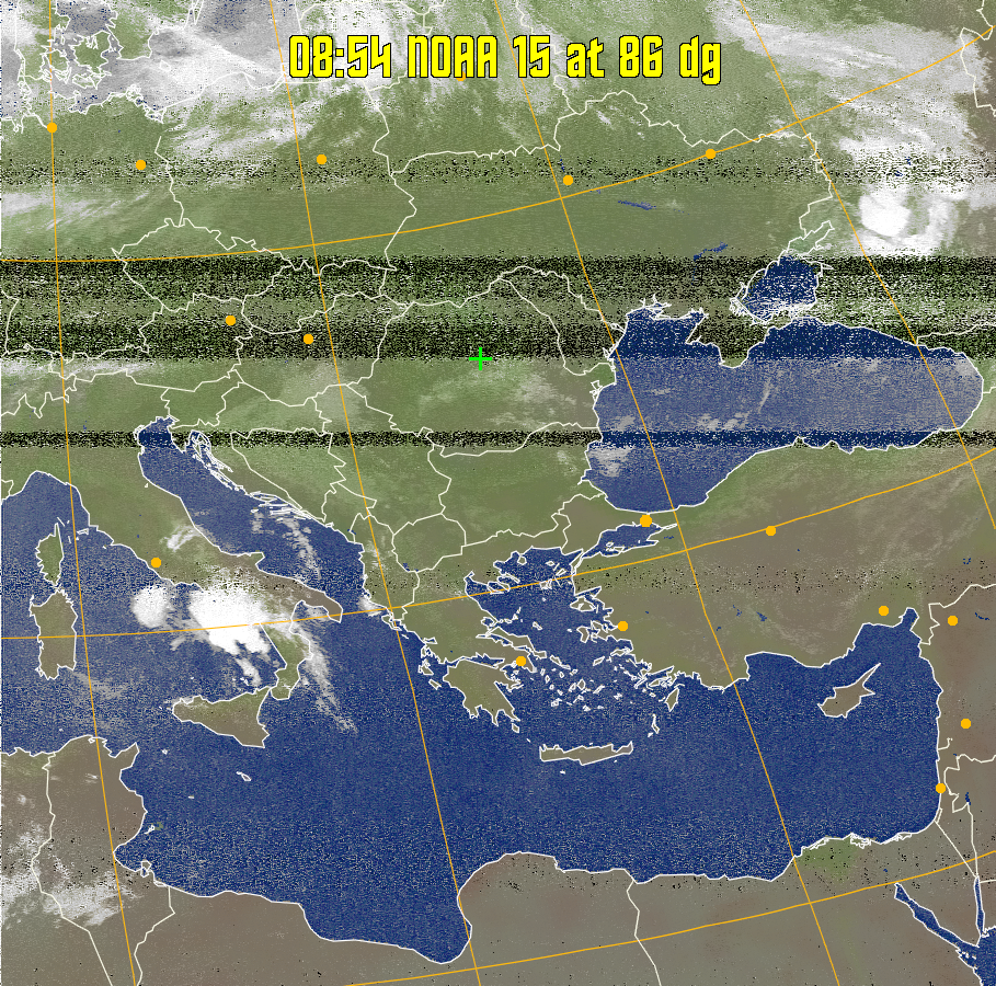 MCIR-precip: 
Colours the NOAA sensor 4 IR image using a map to colour the sea blue and land
green. High clouds appear white, lower clouds gray or land/sea coloured, clouds
generally appear lighter, but distinguishing between land/sea and low cloud may
be difficult. Darker colours indicate warmer regions.