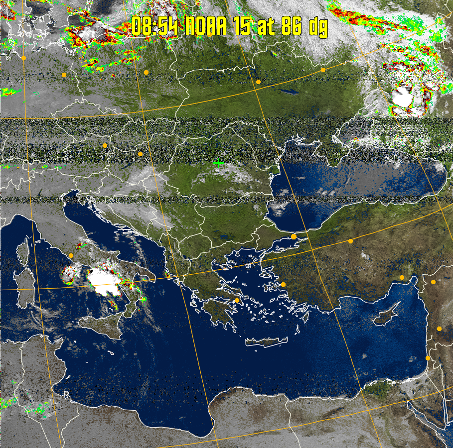MSA-precip:
Same as MSA multispectral analysis, but high cold cloud tops are coloured the
same as the NO enhancement to give an approximate indication of the probability
and intensity of precipitation.