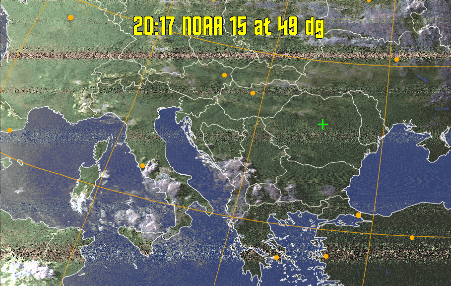 HVCT:
Similar to HVC, but with blue water and with colours more indicative of
land temperatures.
HVC:
Creates a false colour image from NOAA APT images based on temperature using
the HVC colour model. Uses the temperature derived from the sensor 4 image to
select the hue and the brightness from the histogram equalised other image to
select the value and chroma. The HVC colour model attempts to ensure that different colours at the same value will appear to the eye to be the same brightness
and the spacing between colours representing each degree will appear to the eye to
be similar. Bright areas are completely unsaturated in this model.