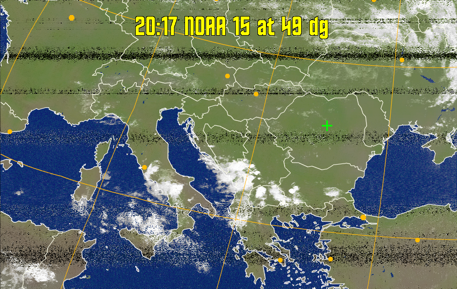 MCIR-precip: 
Colours the NOAA sensor 4 IR image using a map to colour the sea blue and land
green. High clouds appear white, lower clouds gray or land/sea coloured, clouds
generally appear lighter, but distinguishing between land/sea and low cloud may
be difficult. Darker colours indicate warmer regions.
