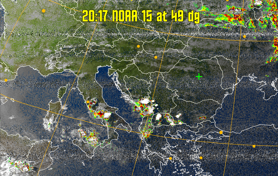 MSA-precip:
Same as MSA multispectral analysis, but high cold cloud tops are coloured the
same as the NO enhancement to give an approximate indication of the probability
and intensity of precipitation.