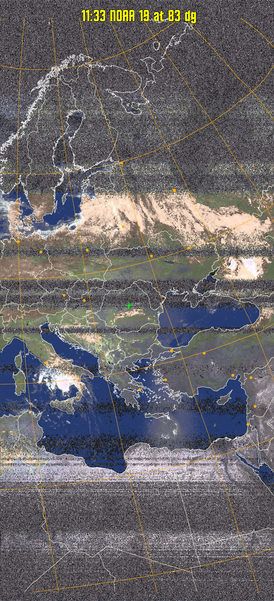 HVCT:
Similar to HVC, but with blue water and with colours more indicative of
land temperatures.
HVC:
Creates a false colour image from NOAA APT images based on temperature using
the HVC colour model. Uses the temperature derived from the sensor 4 image to
select the hue and the brightness from the histogram equalised other image to
select the value and chroma. The HVC colour model attempts to ensure that different colours at the same value will appear to the eye to be the same brightness
and the spacing between colours representing each degree will appear to the eye to
be similar. Bright areas are completely unsaturated in this model.