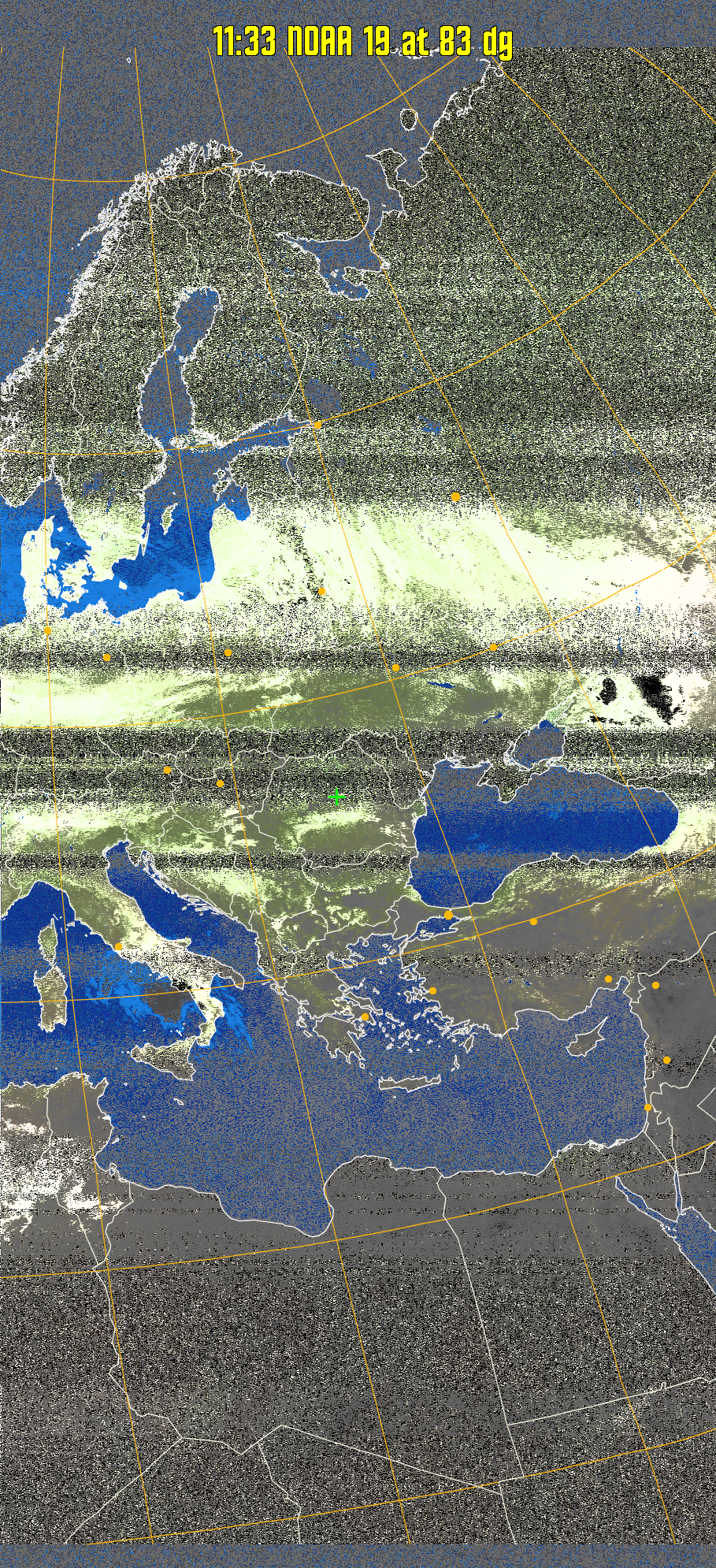 MCIR-precip: 
Colours the NOAA sensor 4 IR image using a map to colour the sea blue and land
green. High clouds appear white, lower clouds gray or land/sea coloured, clouds
generally appear lighter, but distinguishing between land/sea and low cloud may
be difficult. Darker colours indicate warmer regions.
