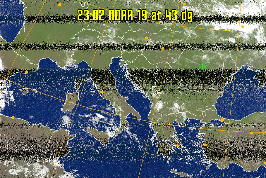 MCIR-precip: 
Colours the NOAA sensor 4 IR image using a map to colour the sea blue and land
green. High clouds appear white, lower clouds gray or land/sea coloured, clouds
generally appear lighter, but distinguishing between land/sea and low cloud may
be difficult. Darker colours indicate warmer regions.