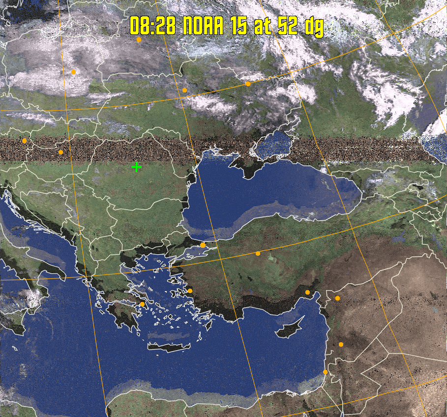 HVCT:
Similar to HVC, but with blue water and with colours more indicative of
land temperatures.
HVC:
Creates a false colour image from NOAA APT images based on temperature using
the HVC colour model. Uses the temperature derived from the sensor 4 image to
select the hue and the brightness from the histogram equalised other image to
select the value and chroma. The HVC colour model attempts to ensure that different colours at the same value will appear to the eye to be the same brightness
and the spacing between colours representing each degree will appear to the eye to
be similar. Bright areas are completely unsaturated in this model.