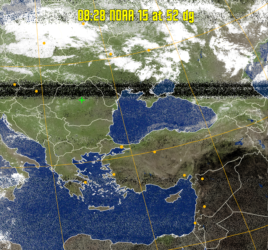 MCIR-precip: 
Colours the NOAA sensor 4 IR image using a map to colour the sea blue and land
green. High clouds appear white, lower clouds gray or land/sea coloured, clouds
generally appear lighter, but distinguishing between land/sea and low cloud may
be difficult. Darker colours indicate warmer regions.