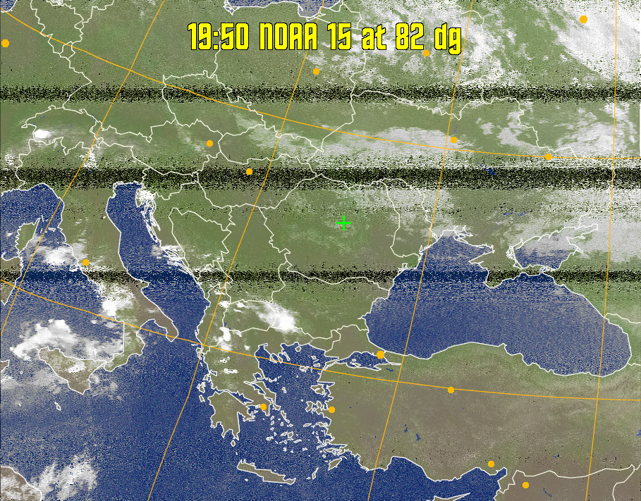 MCIR-precip: 
Colours the NOAA sensor 4 IR image using a map to colour the sea blue and land
green. High clouds appear white, lower clouds gray or land/sea coloured, clouds
generally appear lighter, but distinguishing between land/sea and low cloud may
be difficult. Darker colours indicate warmer regions.