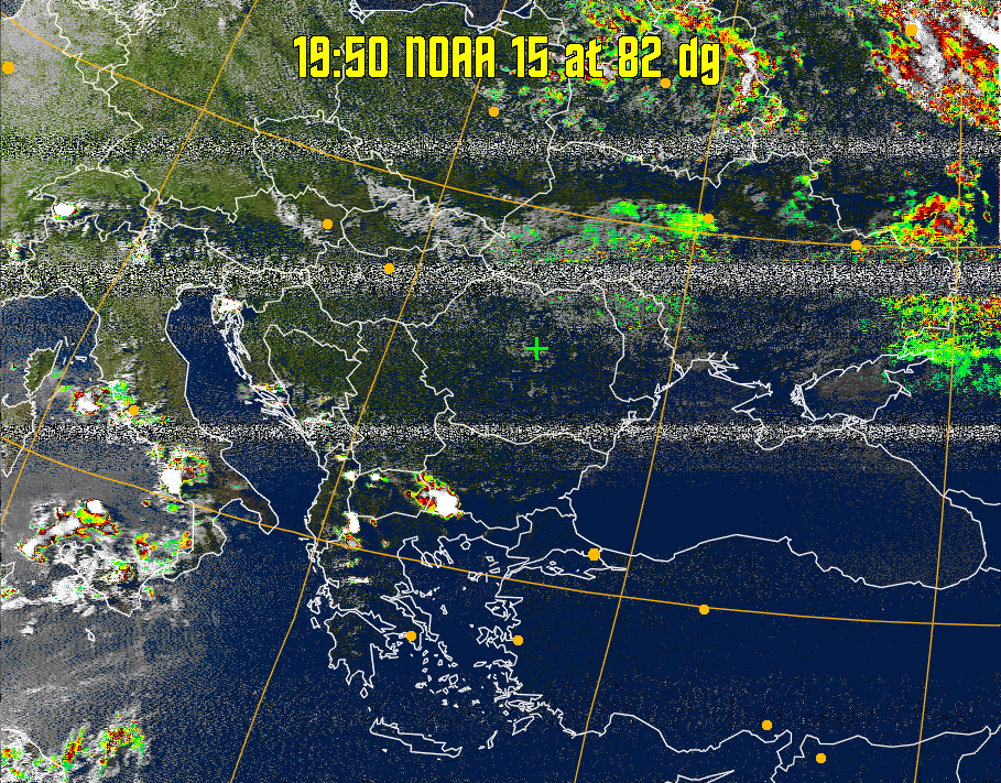 MSA-precip:
Same as MSA multispectral analysis, but high cold cloud tops are coloured the
same as the NO enhancement to give an approximate indication of the probability
and intensity of precipitation.