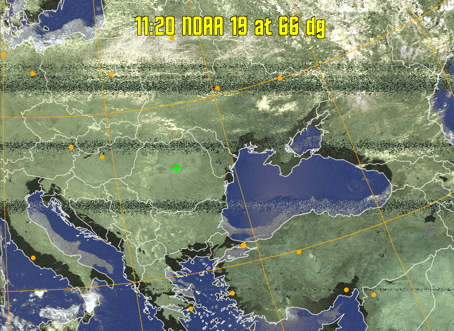 HVCT:
Similar to HVC, but with blue water and with colours more indicative of
land temperatures.
HVC:
Creates a false colour image from NOAA APT images based on temperature using
the HVC colour model. Uses the temperature derived from the sensor 4 image to
select the hue and the brightness from the histogram equalised other image to
select the value and chroma. The HVC colour model attempts to ensure that different colours at the same value will appear to the eye to be the same brightness
and the spacing between colours representing each degree will appear to the eye to
be similar. Bright areas are completely unsaturated in this model.