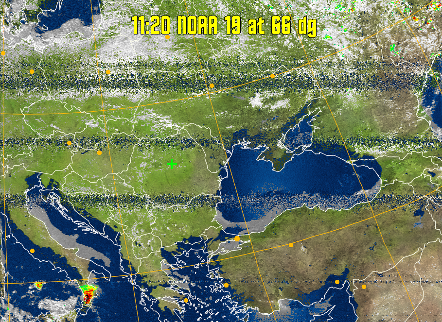 MSA-precip:
Same as MSA multispectral analysis, but high cold cloud tops are coloured the
same as the NO enhancement to give an approximate indication of the probability
and intensity of precipitation.