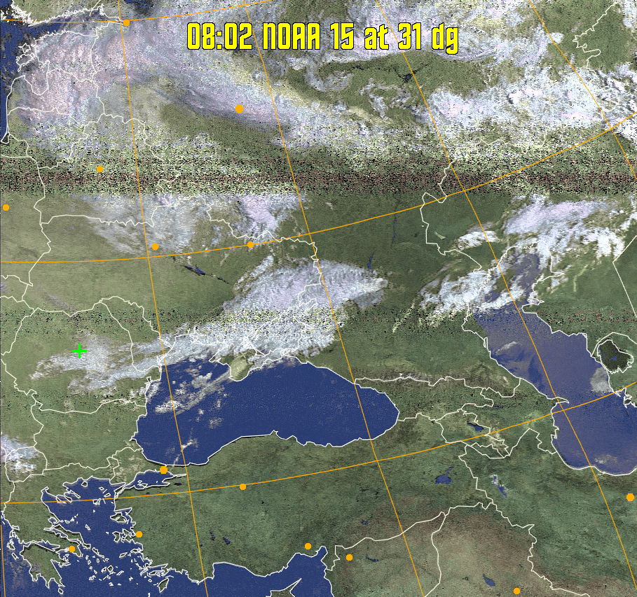 HVCT:
Similar to HVC, but with blue water and with colours more indicative of
land temperatures.
HVC:
Creates a false colour image from NOAA APT images based on temperature using
the HVC colour model. Uses the temperature derived from the sensor 4 image to
select the hue and the brightness from the histogram equalised other image to
select the value and chroma. The HVC colour model attempts to ensure that different colours at the same value will appear to the eye to be the same brightness
and the spacing between colours representing each degree will appear to the eye to
be similar. Bright areas are completely unsaturated in this model.
