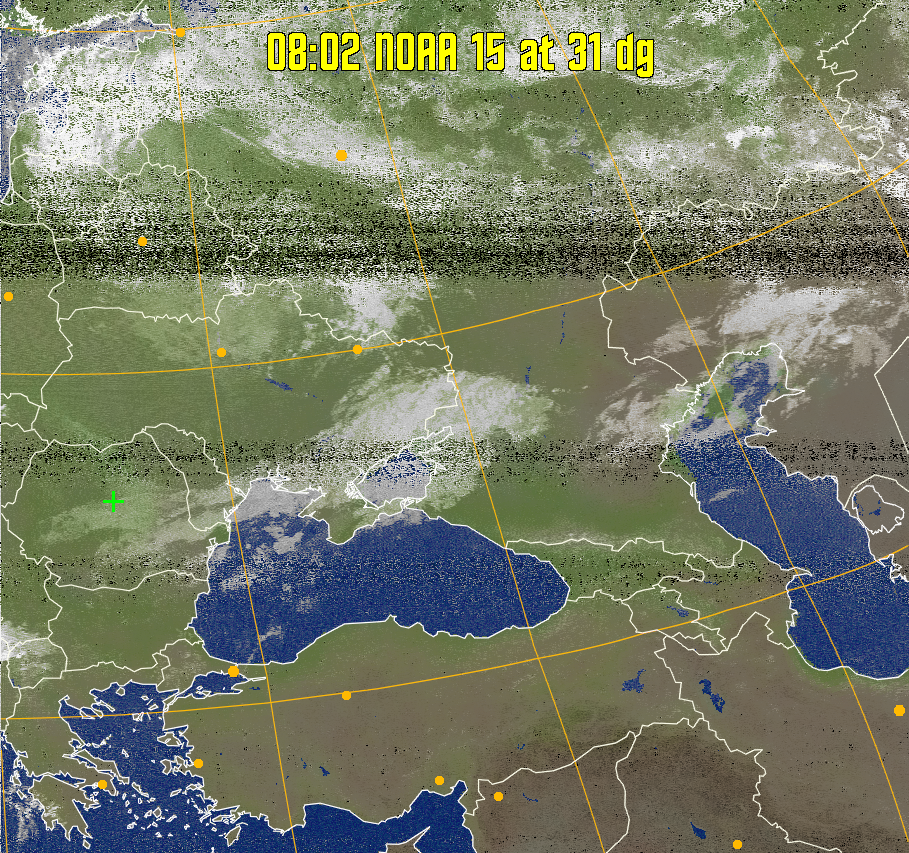 MCIR-precip: 
Colours the NOAA sensor 4 IR image using a map to colour the sea blue and land
green. High clouds appear white, lower clouds gray or land/sea coloured, clouds
generally appear lighter, but distinguishing between land/sea and low cloud may
be difficult. Darker colours indicate warmer regions.