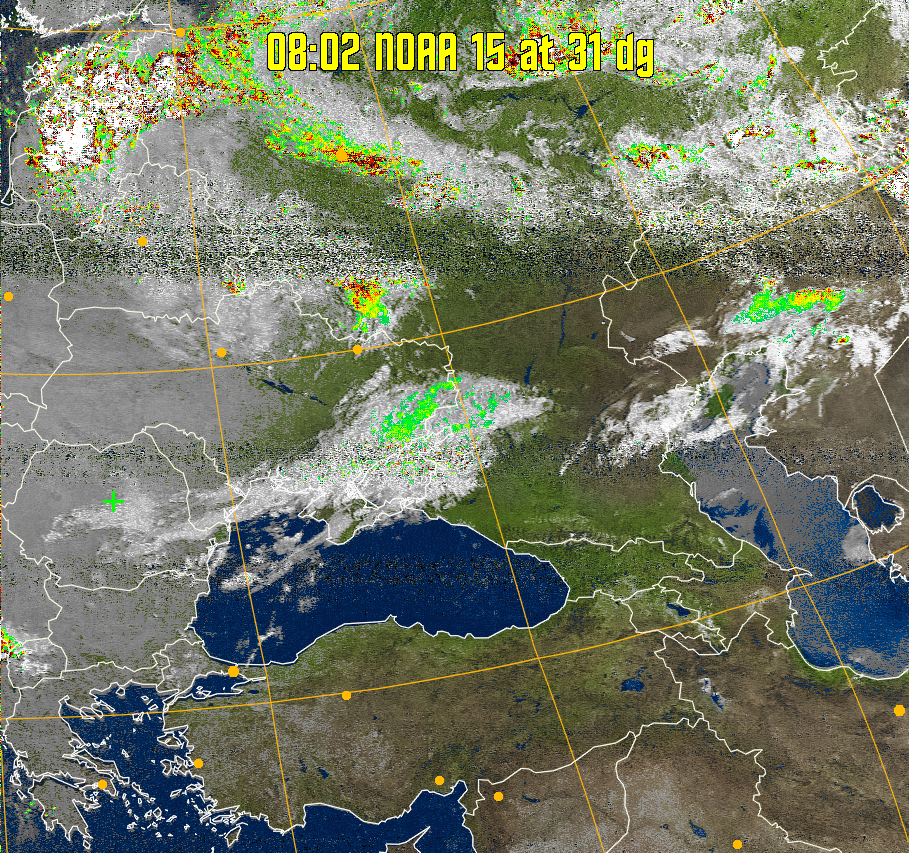 MSA-precip:
Same as MSA multispectral analysis, but high cold cloud tops are coloured the
same as the NO enhancement to give an approximate indication of the probability
and intensity of precipitation.