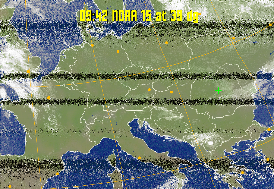 MCIR-precip: 
Colours the NOAA sensor 4 IR image using a map to colour the sea blue and land
green. High clouds appear white, lower clouds gray or land/sea coloured, clouds
generally appear lighter, but distinguishing between land/sea and low cloud may
be difficult. Darker colours indicate warmer regions.