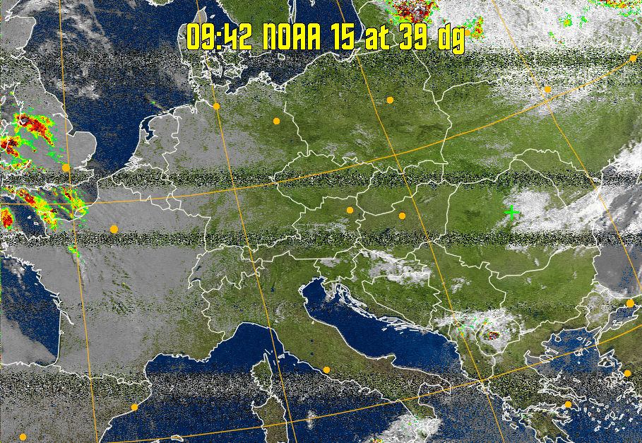 MSA-precip:
Same as MSA multispectral analysis, but high cold cloud tops are coloured the
same as the NO enhancement to give an approximate indication of the probability
and intensity of precipitation.