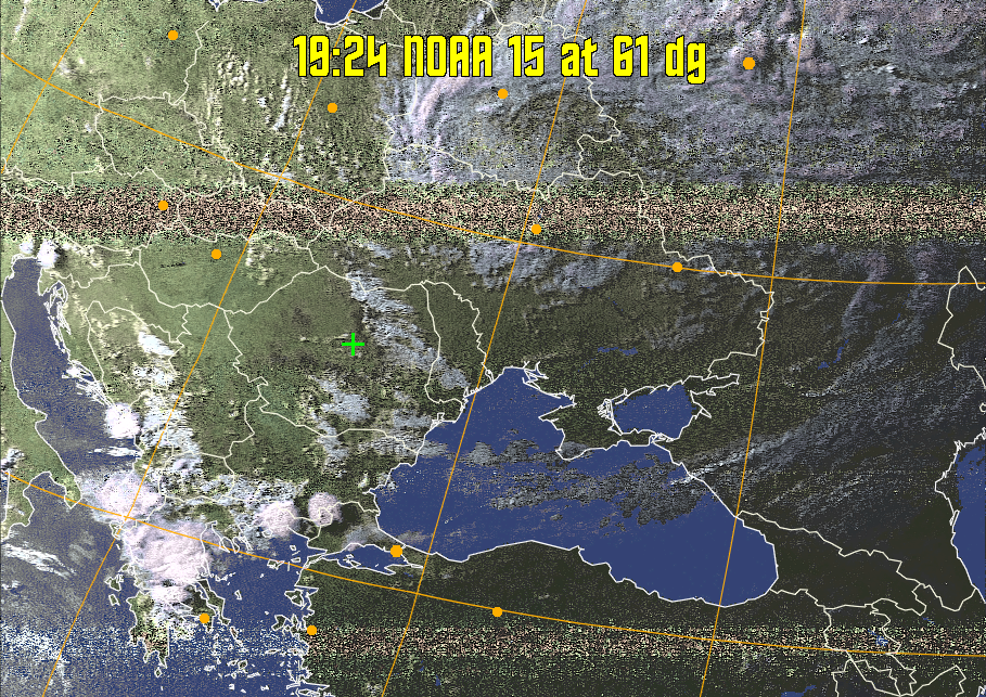 HVCT:
Similar to HVC, but with blue water and with colours more indicative of
land temperatures.
HVC:
Creates a false colour image from NOAA APT images based on temperature using
the HVC colour model. Uses the temperature derived from the sensor 4 image to
select the hue and the brightness from the histogram equalised other image to
select the value and chroma. The HVC colour model attempts to ensure that different colours at the same value will appear to the eye to be the same brightness
and the spacing between colours representing each degree will appear to the eye to
be similar. Bright areas are completely unsaturated in this model.