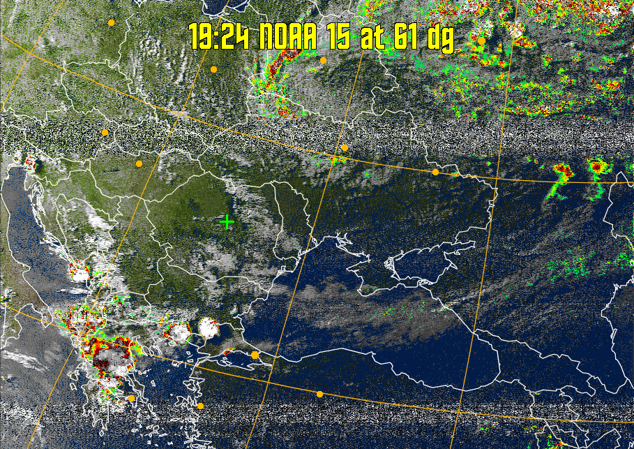 MSA-precip:
Same as MSA multispectral analysis, but high cold cloud tops are coloured the
same as the NO enhancement to give an approximate indication of the probability
and intensity of precipitation.