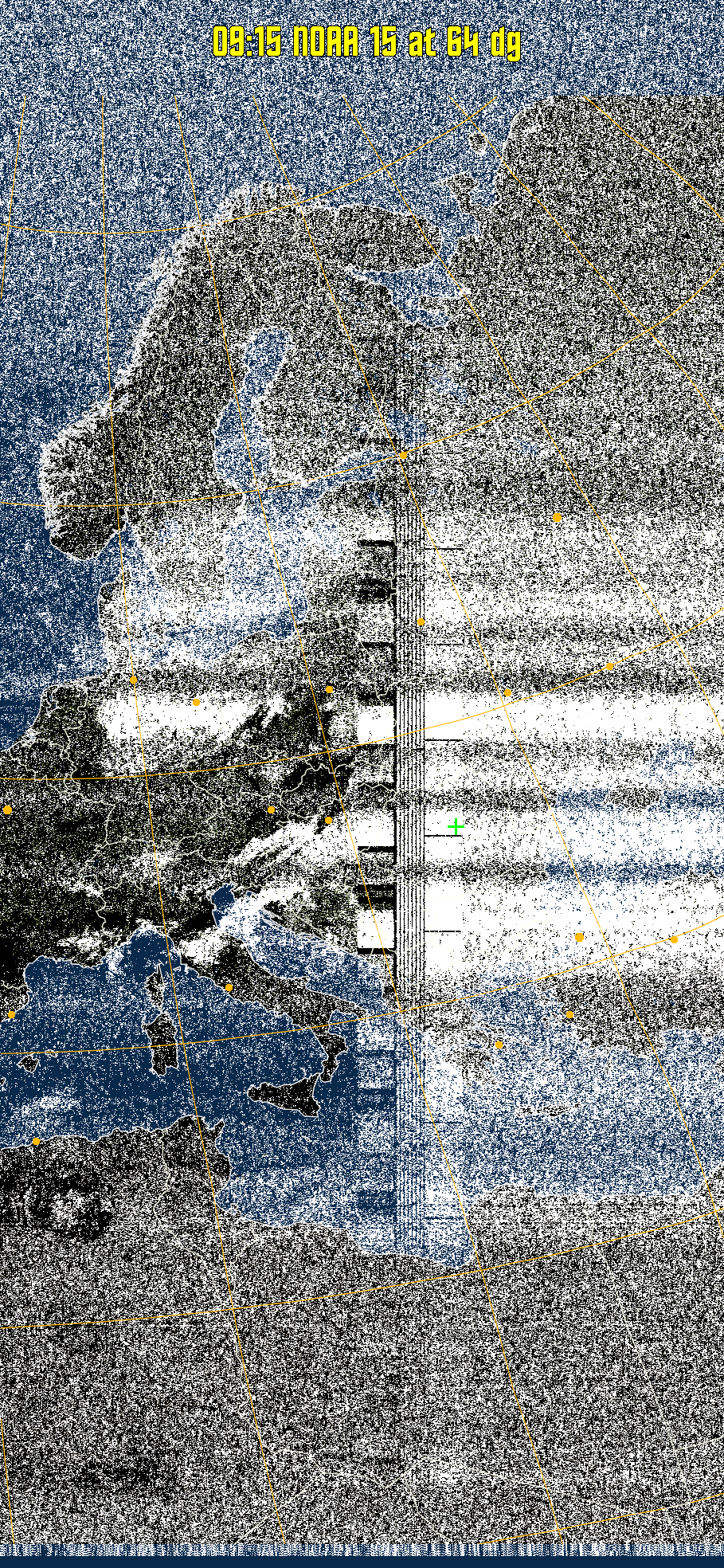 MCIR-precip: 
Colours the NOAA sensor 4 IR image using a map to colour the sea blue and land
green. High clouds appear white, lower clouds gray or land/sea coloured, clouds
generally appear lighter, but distinguishing between land/sea and low cloud may
be difficult. Darker colours indicate warmer regions.