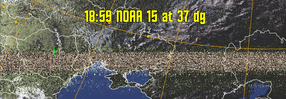 HVCT:
Similar to HVC, but with blue water and with colours more indicative of
land temperatures.
HVC:
Creates a false colour image from NOAA APT images based on temperature using
the HVC colour model. Uses the temperature derived from the sensor 4 image to
select the hue and the brightness from the histogram equalised other image to
select the value and chroma. The HVC colour model attempts to ensure that different colours at the same value will appear to the eye to be the same brightness
and the spacing between colours representing each degree will appear to the eye to
be similar. Bright areas are completely unsaturated in this model.