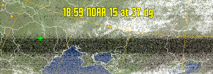 MCIR-precip: 
Colours the NOAA sensor 4 IR image using a map to colour the sea blue and land
green. High clouds appear white, lower clouds gray or land/sea coloured, clouds
generally appear lighter, but distinguishing between land/sea and low cloud may
be difficult. Darker colours indicate warmer regions.