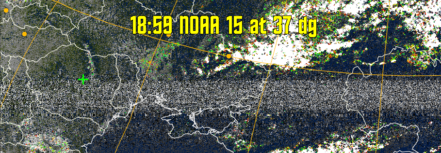 MSA-precip:
Same as MSA multispectral analysis, but high cold cloud tops are coloured the
same as the NO enhancement to give an approximate indication of the probability
and intensity of precipitation.