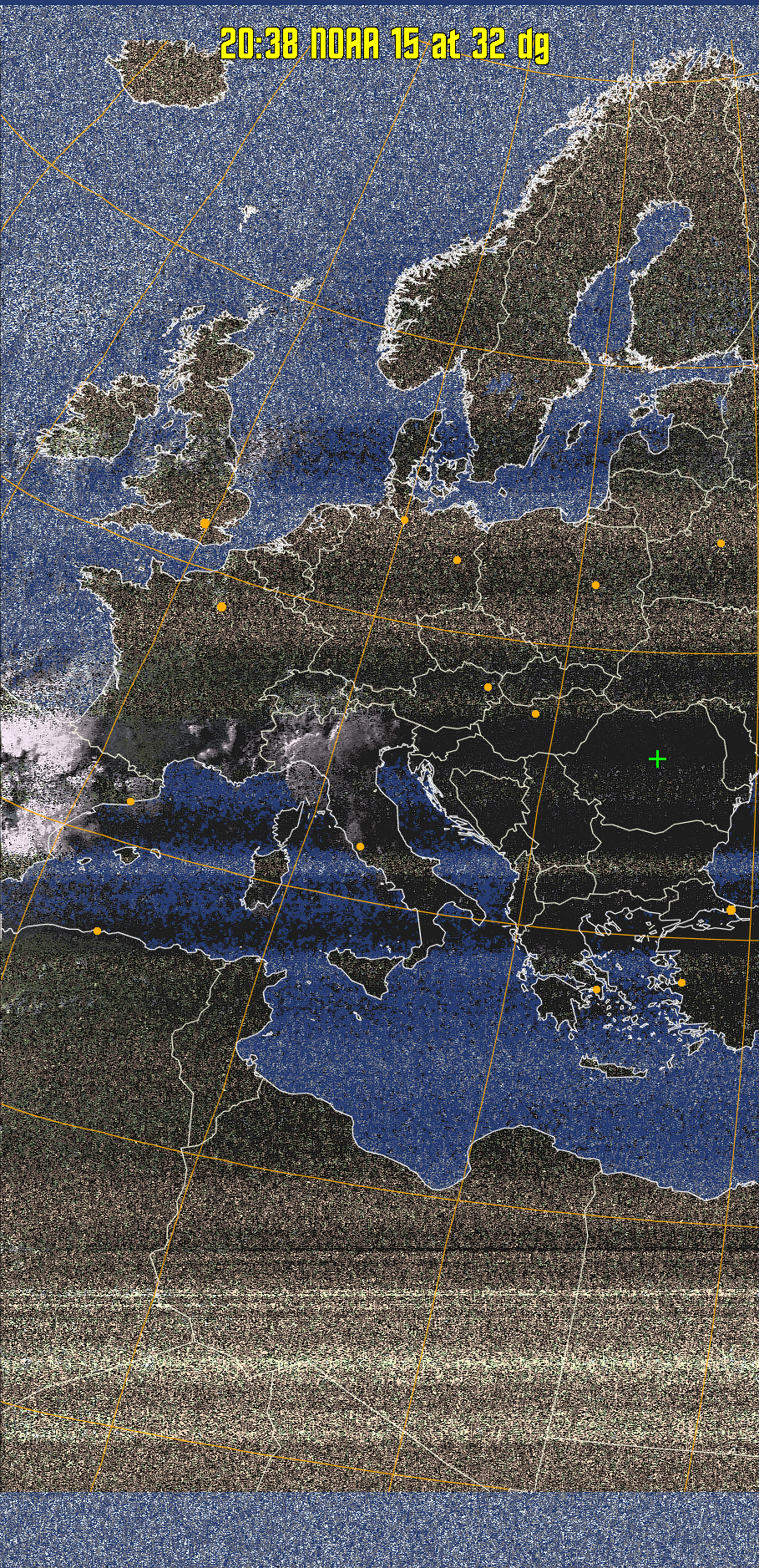 HVCT:
Similar to HVC, but with blue water and with colours more indicative of
land temperatures.
HVC:
Creates a false colour image from NOAA APT images based on temperature using
the HVC colour model. Uses the temperature derived from the sensor 4 image to
select the hue and the brightness from the histogram equalised other image to
select the value and chroma. The HVC colour model attempts to ensure that different colours at the same value will appear to the eye to be the same brightness
and the spacing between colours representing each degree will appear to the eye to
be similar. Bright areas are completely unsaturated in this model.