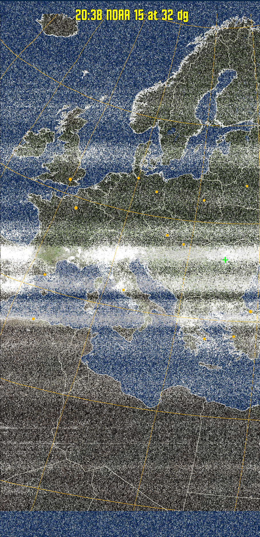 MCIR-precip: 
Colours the NOAA sensor 4 IR image using a map to colour the sea blue and land
green. High clouds appear white, lower clouds gray or land/sea coloured, clouds
generally appear lighter, but distinguishing between land/sea and low cloud may
be difficult. Darker colours indicate warmer regions.