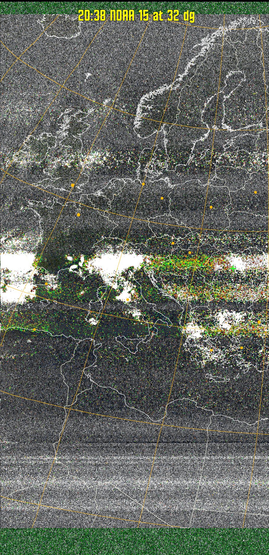 MSA-precip:
Same as MSA multispectral analysis, but high cold cloud tops are coloured the
same as the NO enhancement to give an approximate indication of the probability
and intensity of precipitation.