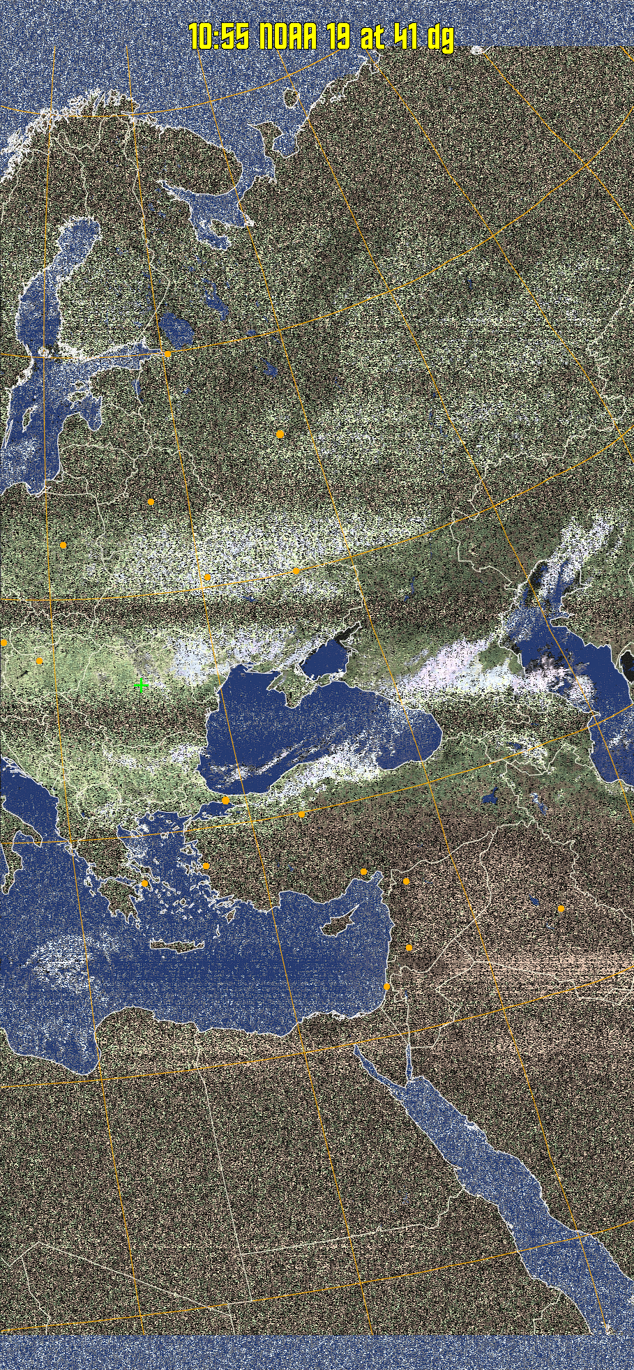 HVCT:
Similar to HVC, but with blue water and with colours more indicative of
land temperatures.
HVC:
Creates a false colour image from NOAA APT images based on temperature using
the HVC colour model. Uses the temperature derived from the sensor 4 image to
select the hue and the brightness from the histogram equalised other image to
select the value and chroma. The HVC colour model attempts to ensure that different colours at the same value will appear to the eye to be the same brightness
and the spacing between colours representing each degree will appear to the eye to
be similar. Bright areas are completely unsaturated in this model.