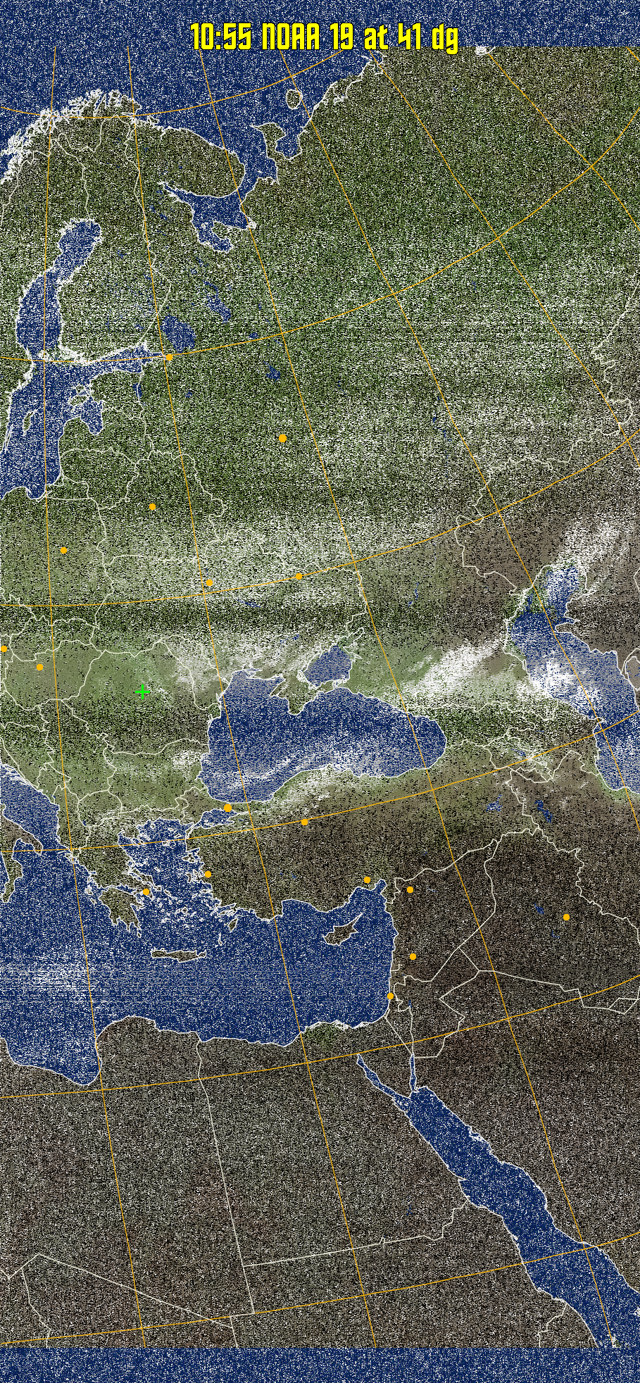 MCIR-precip: 
Colours the NOAA sensor 4 IR image using a map to colour the sea blue and land
green. High clouds appear white, lower clouds gray or land/sea coloured, clouds
generally appear lighter, but distinguishing between land/sea and low cloud may
be difficult. Darker colours indicate warmer regions.