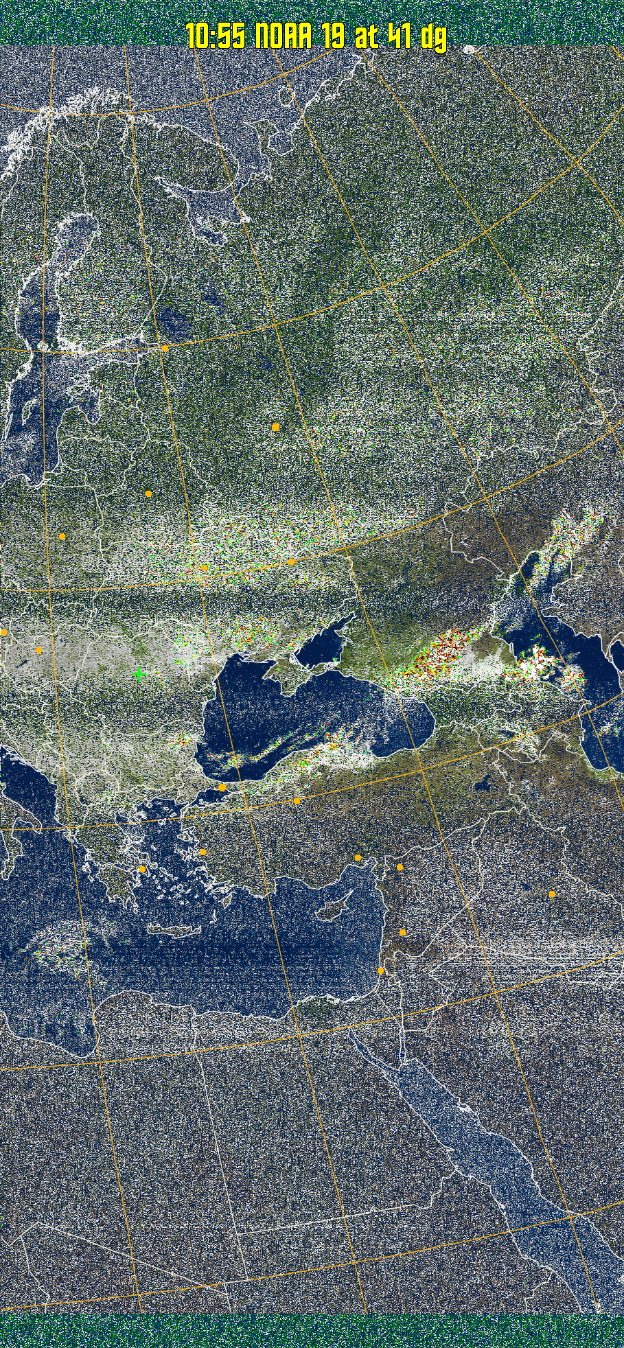 MSA-precip:
Same as MSA multispectral analysis, but high cold cloud tops are coloured the
same as the NO enhancement to give an approximate indication of the probability
and intensity of precipitation.