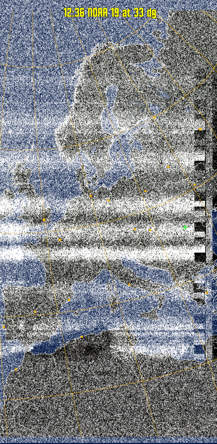 MCIR-precip: 
Colours the NOAA sensor 4 IR image using a map to colour the sea blue and land
green. High clouds appear white, lower clouds gray or land/sea coloured, clouds
generally appear lighter, but distinguishing between land/sea and low cloud may
be difficult. Darker colours indicate warmer regions.