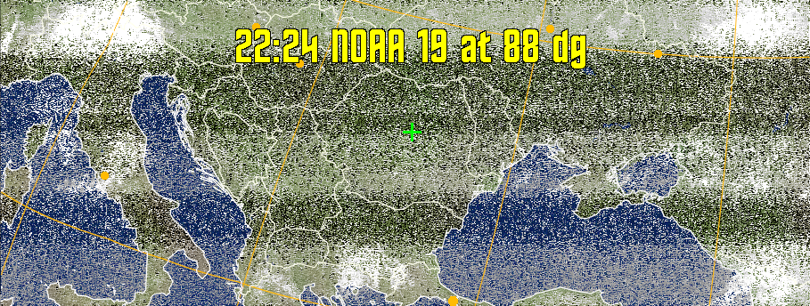 MCIR-precip: 
Colours the NOAA sensor 4 IR image using a map to colour the sea blue and land
green. High clouds appear white, lower clouds gray or land/sea coloured, clouds
generally appear lighter, but distinguishing between land/sea and low cloud may
be difficult. Darker colours indicate warmer regions.