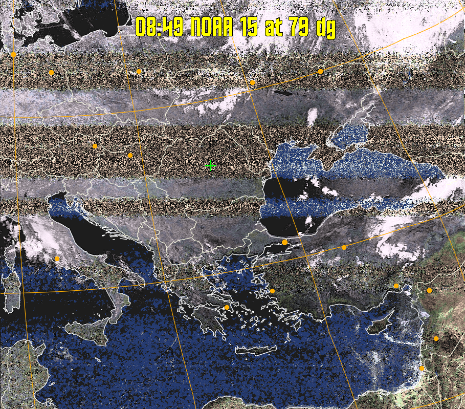 HVCT:
Similar to HVC, but with blue water and with colours more indicative of
land temperatures.
HVC:
Creates a false colour image from NOAA APT images based on temperature using
the HVC colour model. Uses the temperature derived from the sensor 4 image to
select the hue and the brightness from the histogram equalised other image to
select the value and chroma. The HVC colour model attempts to ensure that different colours at the same value will appear to the eye to be the same brightness
and the spacing between colours representing each degree will appear to the eye to
be similar. Bright areas are completely unsaturated in this model.