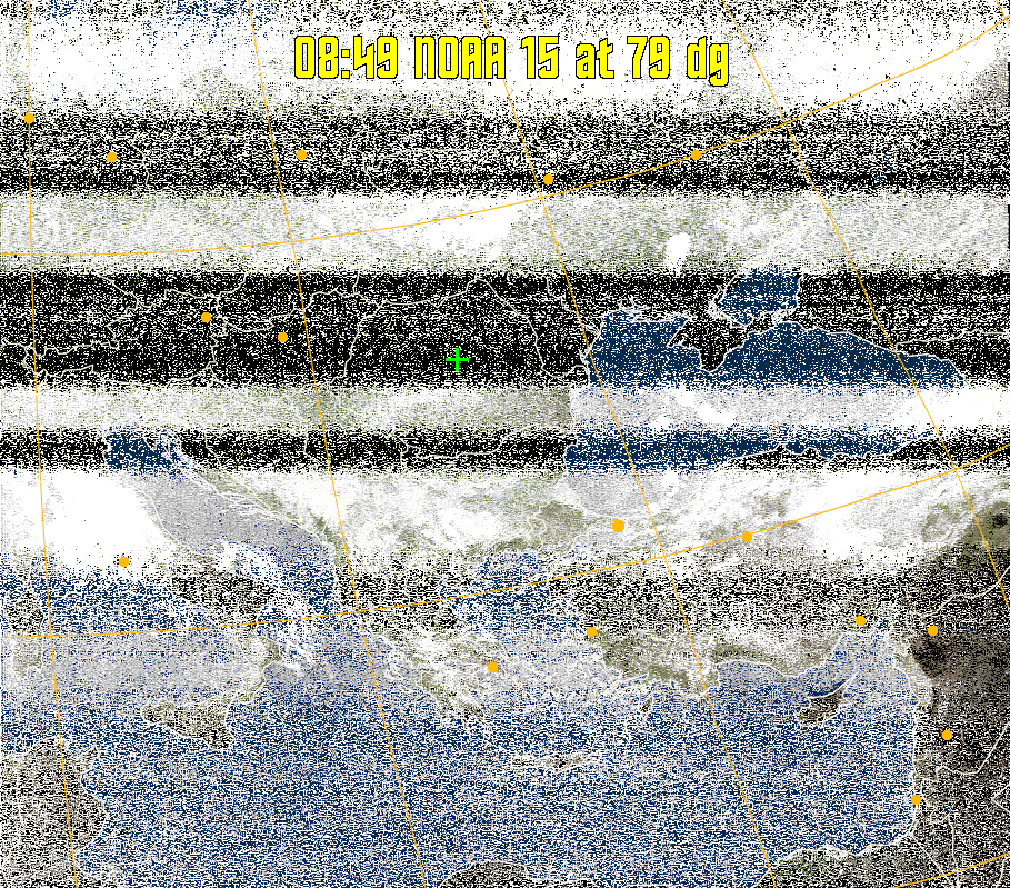MCIR-precip: 
Colours the NOAA sensor 4 IR image using a map to colour the sea blue and land
green. High clouds appear white, lower clouds gray or land/sea coloured, clouds
generally appear lighter, but distinguishing between land/sea and low cloud may
be difficult. Darker colours indicate warmer regions.