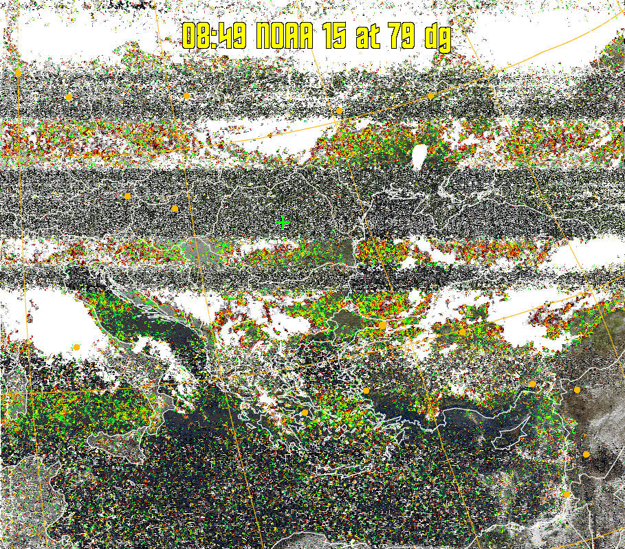 MSA-precip:
Same as MSA multispectral analysis, but high cold cloud tops are coloured the
same as the NO enhancement to give an approximate indication of the probability
and intensity of precipitation.