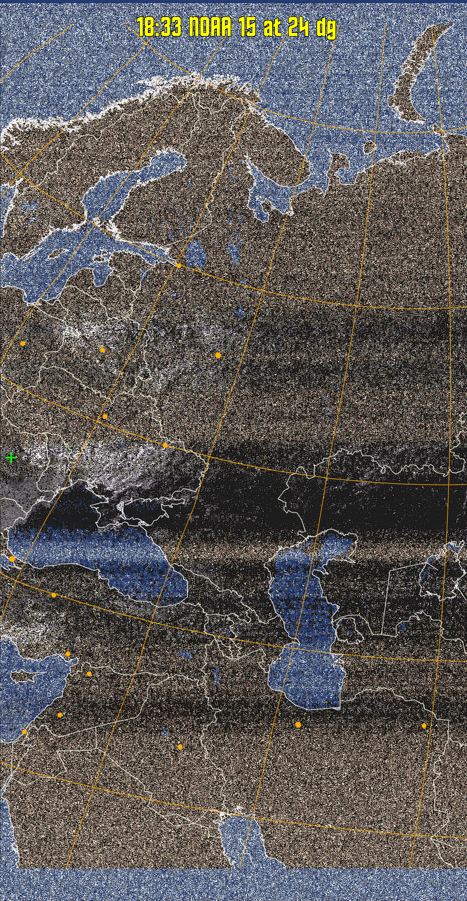 HVCT:
Similar to HVC, but with blue water and with colours more indicative of
land temperatures.
HVC:
Creates a false colour image from NOAA APT images based on temperature using
the HVC colour model. Uses the temperature derived from the sensor 4 image to
select the hue and the brightness from the histogram equalised other image to
select the value and chroma. The HVC colour model attempts to ensure that different colours at the same value will appear to the eye to be the same brightness
and the spacing between colours representing each degree will appear to the eye to
be similar. Bright areas are completely unsaturated in this model.