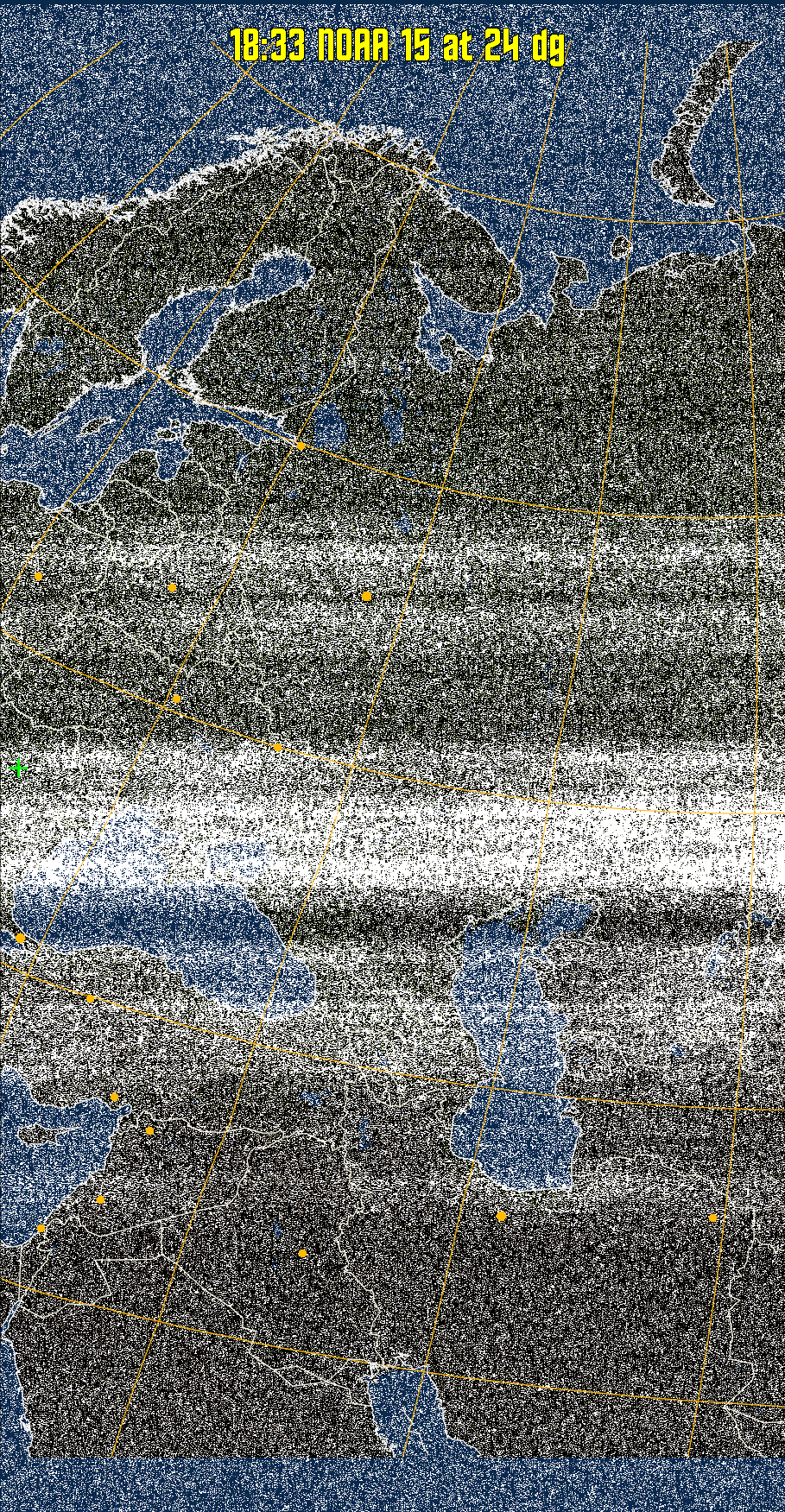 MCIR-precip: 
Colours the NOAA sensor 4 IR image using a map to colour the sea blue and land
green. High clouds appear white, lower clouds gray or land/sea coloured, clouds
generally appear lighter, but distinguishing between land/sea and low cloud may
be difficult. Darker colours indicate warmer regions.