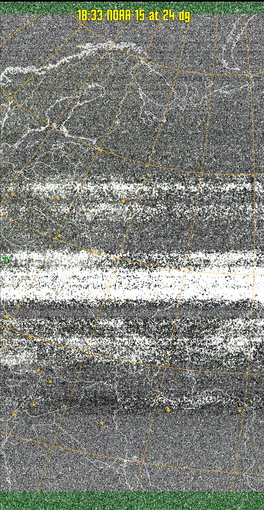 MSA-precip:
Same as MSA multispectral analysis, but high cold cloud tops are coloured the
same as the NO enhancement to give an approximate indication of the probability
and intensity of precipitation.