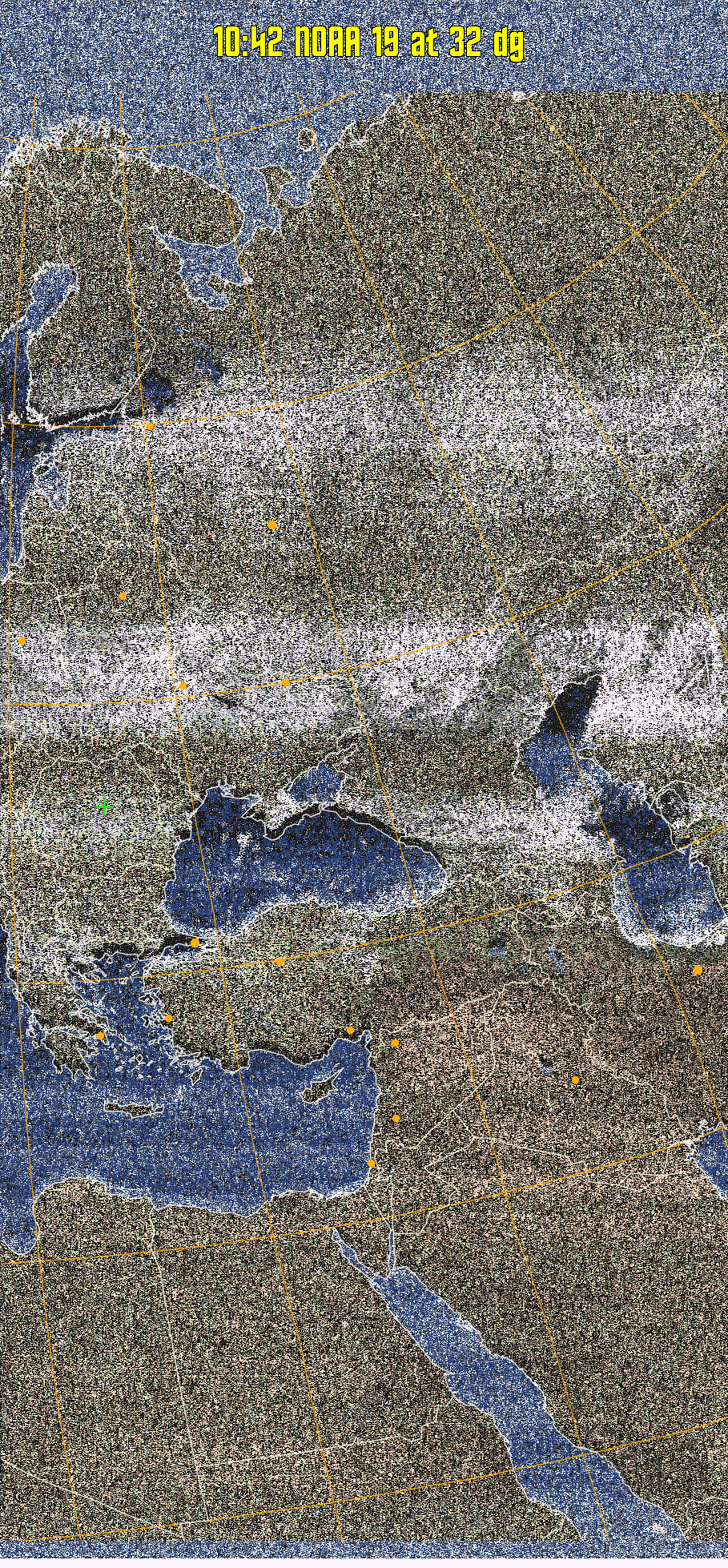 HVCT:
Similar to HVC, but with blue water and with colours more indicative of
land temperatures.
HVC:
Creates a false colour image from NOAA APT images based on temperature using
the HVC colour model. Uses the temperature derived from the sensor 4 image to
select the hue and the brightness from the histogram equalised other image to
select the value and chroma. The HVC colour model attempts to ensure that different colours at the same value will appear to the eye to be the same brightness
and the spacing between colours representing each degree will appear to the eye to
be similar. Bright areas are completely unsaturated in this model.
