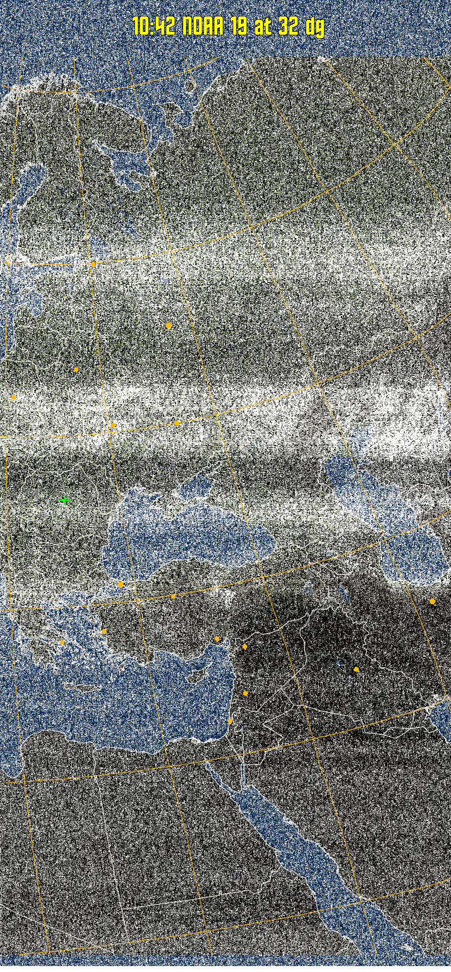 MCIR-precip: 
Colours the NOAA sensor 4 IR image using a map to colour the sea blue and land
green. High clouds appear white, lower clouds gray or land/sea coloured, clouds
generally appear lighter, but distinguishing between land/sea and low cloud may
be difficult. Darker colours indicate warmer regions.