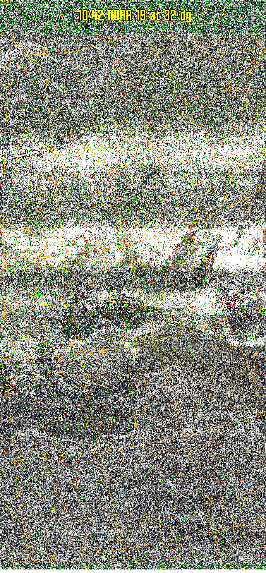 MSA-precip:
Same as MSA multispectral analysis, but high cold cloud tops are coloured the
same as the NO enhancement to give an approximate indication of the probability
and intensity of precipitation.