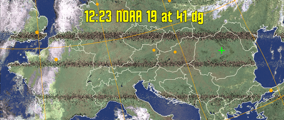 HVCT:
Similar to HVC, but with blue water and with colours more indicative of
land temperatures.
HVC:
Creates a false colour image from NOAA APT images based on temperature using
the HVC colour model. Uses the temperature derived from the sensor 4 image to
select the hue and the brightness from the histogram equalised other image to
select the value and chroma. The HVC colour model attempts to ensure that different colours at the same value will appear to the eye to be the same brightness
and the spacing between colours representing each degree will appear to the eye to
be similar. Bright areas are completely unsaturated in this model.